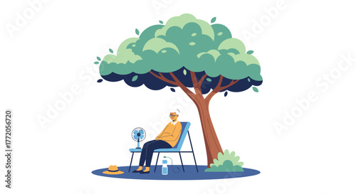 Elderly woman relaxing under a large tree on a hot summer day. Flat Vector Illustrations. EPS Editable
