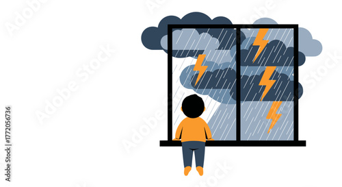 A lonely person watches a dramatic thunderstorm from a window. Flat Vector Illustrations. EPS Editable