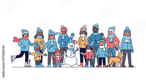 A diverse group of people in winter clothes with a snowman. Flat Vector Illustrations. EPS Editable