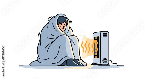 A shivering person wrapped in a blanket trying to get warm in front of an electric space heater. Flat Vector Illustrations. EPS Editable