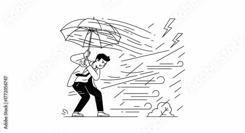 A person struggles to hold an umbrella during a windy thunderstorm. Flat Vector Illustrations. EPS Editable