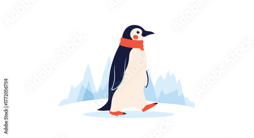 Adorable cartoon penguin wearing a red scarf walking on snow with icebergs in the background. Flat Vector Illustrations. EPS Editable