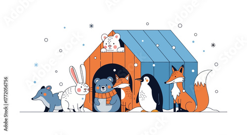 Adorable animal friends find shelter from the winter snow. Flat Vector Illustrations. EPS Editable