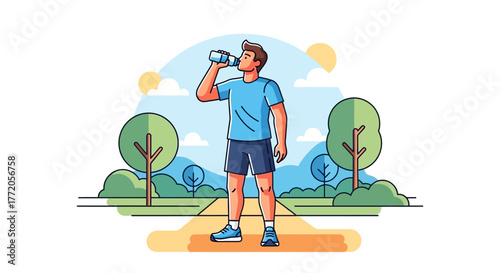 Athletic young man hydrating during an outdoor workout in the park. Flat Vector Illustrations. EPS Editable