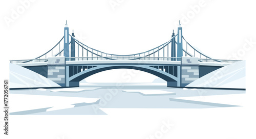 Architectural vector illustration of a bridge over a frozen river in winter. Flat Vector Illustrations. EPS Editable
