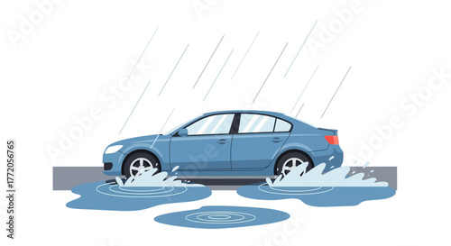 Blue car driving through deep puddles during a rainstorm. Flat Vector Illustrations. EPS Editable