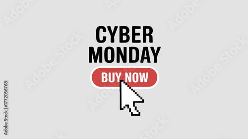 Cyber Monday promotional graphic with 'Buy Now' button and a mouse cursor pointing to it, on a light grey background.