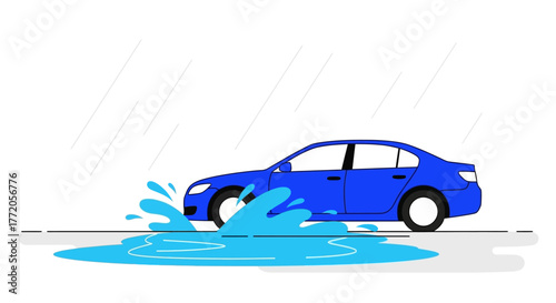 Blue sedan car driving through a water puddle on the street. Flat Vector Illustrations. EPS Editable