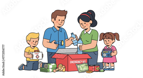 Caring family with children packing a donation box with food and supplies. Flat Vector Illustrations. EPS Editable