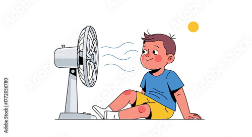 Boy sitting in front of a fan to cool down on a hot day. Flat Vector Illustrations. EPS Editable