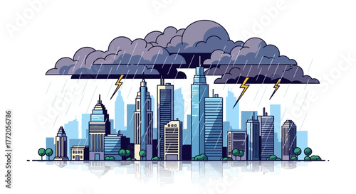 Cartoon city skyline under dramatic dark storm clouds with rain and lightning. Flat Vector Illustrations. EPS Editable