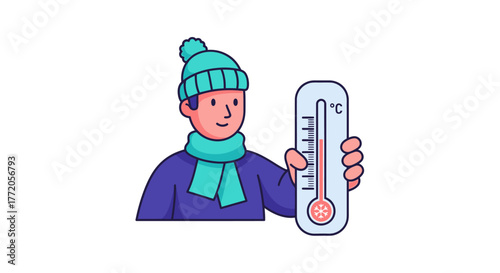 Cartoon character in winter clothes holding a Celsius thermometer. Flat Vector Illustrations. EPS Editable
