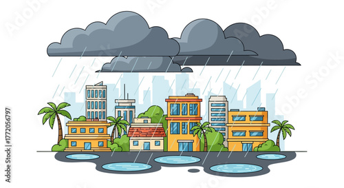 Cartoon city street during a heavy rainstorm with dark clouds. Flat Vector Illustrations. EPS Editable