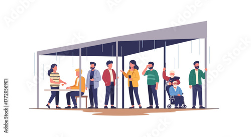 Diverse group of people waiting in a long queue at a bus stop. Flat Vector Illustrations. EPS Editable