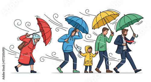 Diverse group of people with umbrellas walking in strong wind and rain. Flat Vector Illustrations. EPS Editable