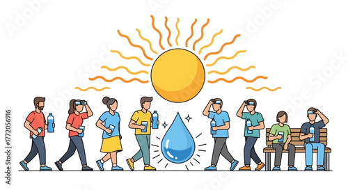 Diverse group of people walking under a hot sun needing hydration. Flat Vector Illustrations. EPS Editable