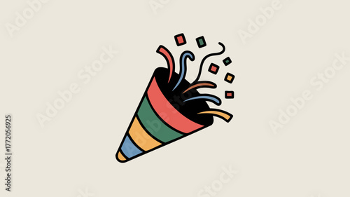 Illustration of a party popper with confetti against a beige background.
