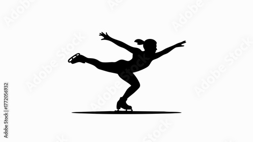 Black silhouette of a female figure skater in a graceful arabesque pose on a white background.