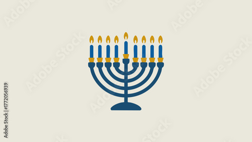 A blue and gold Hanukkah menorah with all nine candles lit against a solid background.