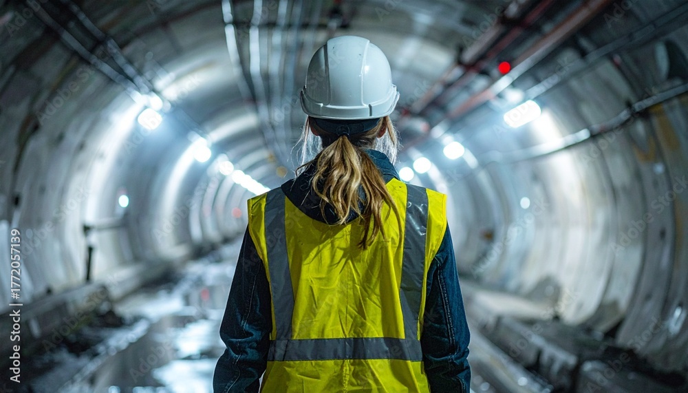 Fototapeta premium Tunnel Maintenance Engineer Walking Through Illuminated Service Passage