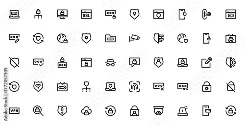 Security UI icon set. Minimal line web icons for lapop, network, shield, passwrd, lock, VPN, and more. Eitable vector illustrationfor data protection and prvacy.