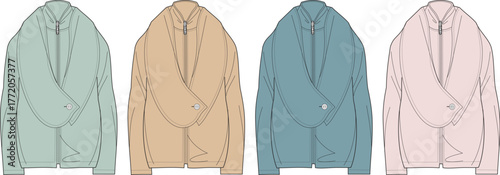 Four illustrated garments with different pastel colors and unique collars