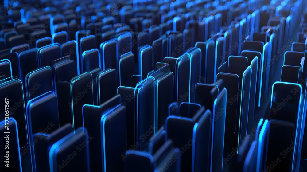 Fototapeta premium Array of dark, vertical structures illuminated by subtle electric blue light edges
