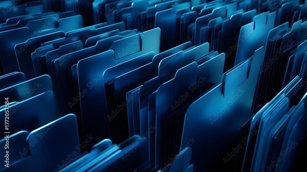Fototapeta premium Rows of blue illuminated abstract file tabs recede into a dark background.