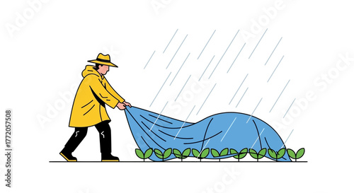 Gardener in a yellow raincoat protecting young plants from the rain. Flat Vector Illustrations. EPS Editable