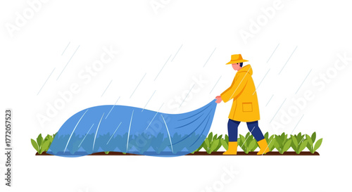Gardener in yellow raincoat protecting young plants from frost with a blue cover. Flat Vector Illustrations. EPS Editable