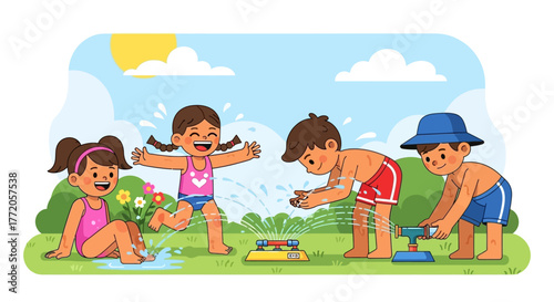 Happy cartoon children playing with water sprinklers on a sunny summer day. Flat Vector Illustrations. EPS Editable