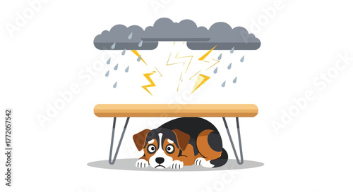 Frightened cartoon dog hiding under a bench during a thunderstorm. Flat Vector Illustrations. EPS Editable