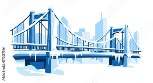 Frozen suspension bridge in a winter city landscape vector illustration. Flat Vector Illustrations. EPS Editable