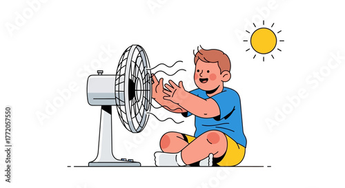 Happy child enjoying the cool breeze from an electric fan during summer. Flat Vector Illustrations. EPS Editable