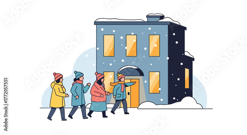Group of people in winter clothes walking towards a building during a snowfall. Flat Vector Illustrations. EPS Editable