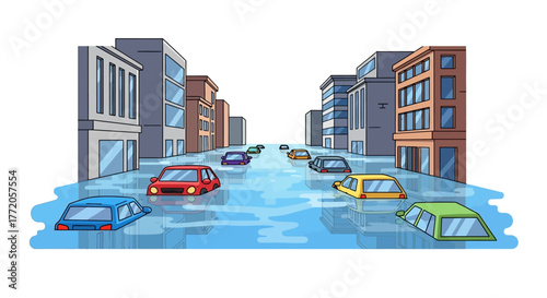 Flooded city street with submerged cars vector illustration. Flat Vector Illustrations. EPS Editable
