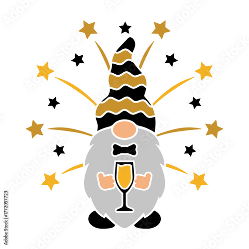 Vector New Years gnome design with glass and fireworks. Cute holiday illustration for prints, invitations, greeting cards, banners, posters. Template for plotter cutting
