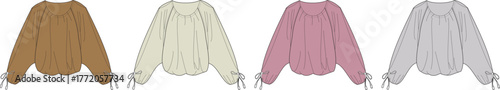 Set of women's romantic long-sleeved blouses in multiple colors. Fashion technical flat sketch template with gathered details and tied cuffs