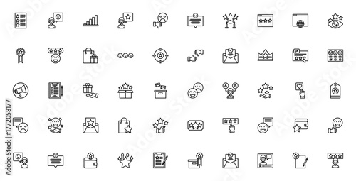 Customer Review Icon Set. Vector illustration featurng rating, star, like, feeback, comment, medal, custmer satisfaction, survey, nd more. Editable stroke.