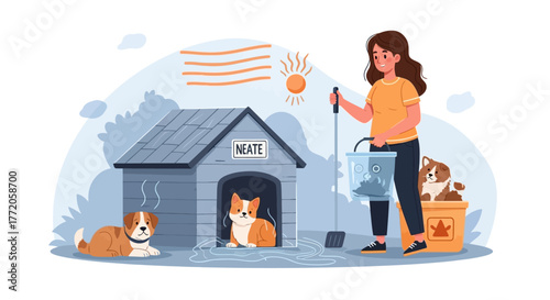 Young Woman Caring for Adorable Corgi Dogs and Puppies Outdoors. Flat Vector Illustrations. EPS Editable