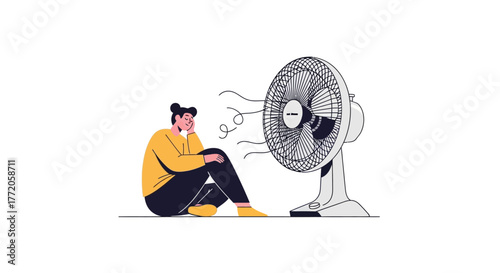Young person sitting on the floor cooling off in front of an electric fan. Flat Vector Illustrations. EPS Editable