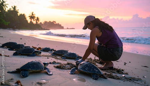 Marine Biologist Tagging Sea Turtles on Quiet Shoreline at Dawn