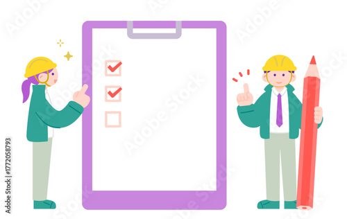 書類をチェックする作業服に安全ヘルメットの男性と女性