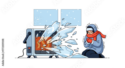 Woman in winter clothes freezes next to an ice blasting heater. Flat Vector Illustrations. EPS Editable