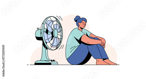 Woman sitting in front of an electric fan to cool down from the summer heat. Flat Vector Illustrations. EPS Editable