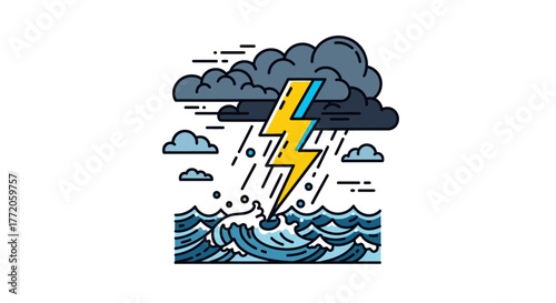 Vector illustration of a powerful thunderstorm over a turbulent ocean. Flat Vector Illustrations. EPS Editable