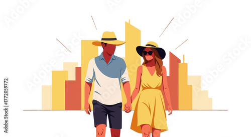Vector illustration of a romantic couple on a summer city walk. Flat Vector Illustrations. EPS Editable