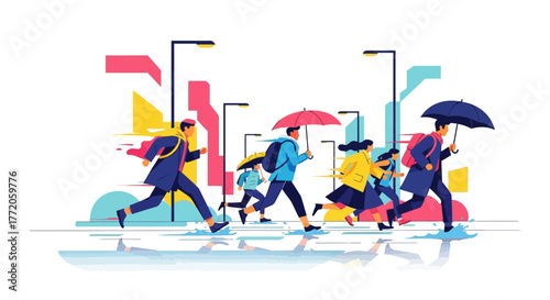 Vector illustration of people with umbrellas running in the rain on a city street. Flat Vector Illustrations. EPS Editable