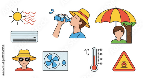 Heatwave safety and summer heat prevention icon set. Flat Vector Illustrations. EPS Editable