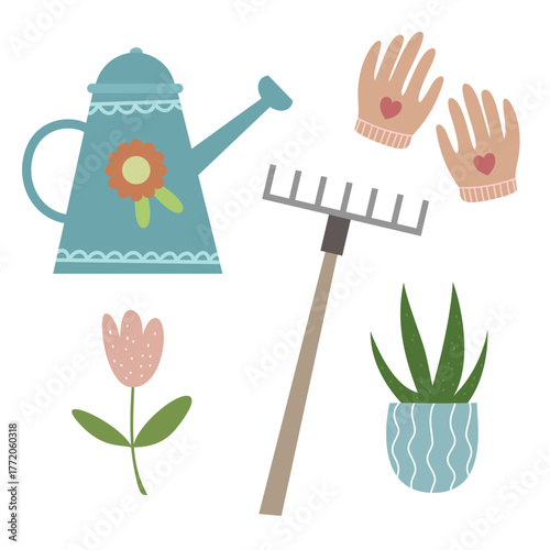 Adorable flat vector illustration of gardening tools and plants, including a watering can, gloves, rake, and flowers. Perfect for spring designs